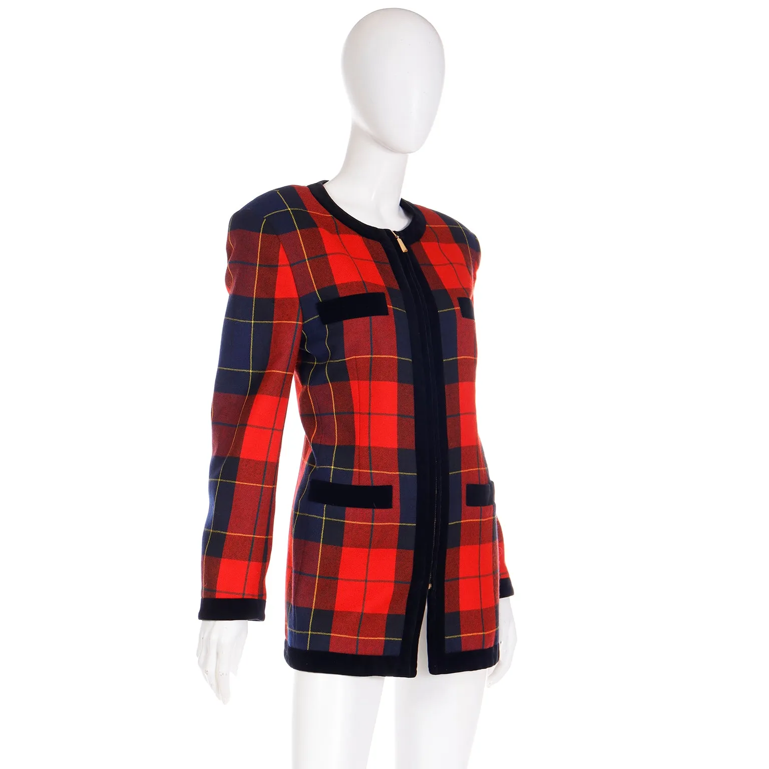 1980s Escada Margaretha Ley Red Plaid Wool Zip Front Jacket