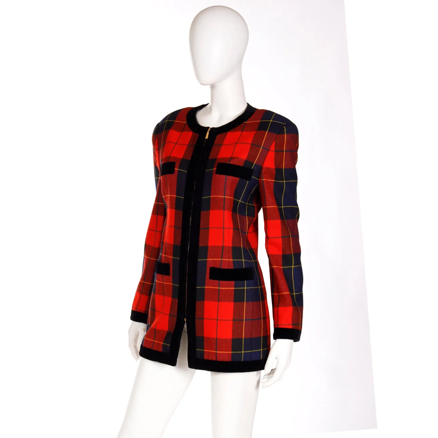 1980s Escada Margaretha Ley Red Plaid Wool Zip Front Jacket