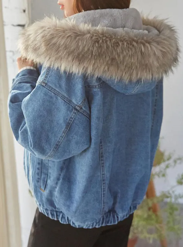 9100 Fur Collar Jean Jacket,Denim Over sized Denim Jacket- Warm jacket Collection