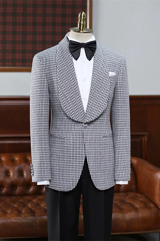 Aidan Elegant Gray Plaid Shawl Lapel Wedding Suit for Men