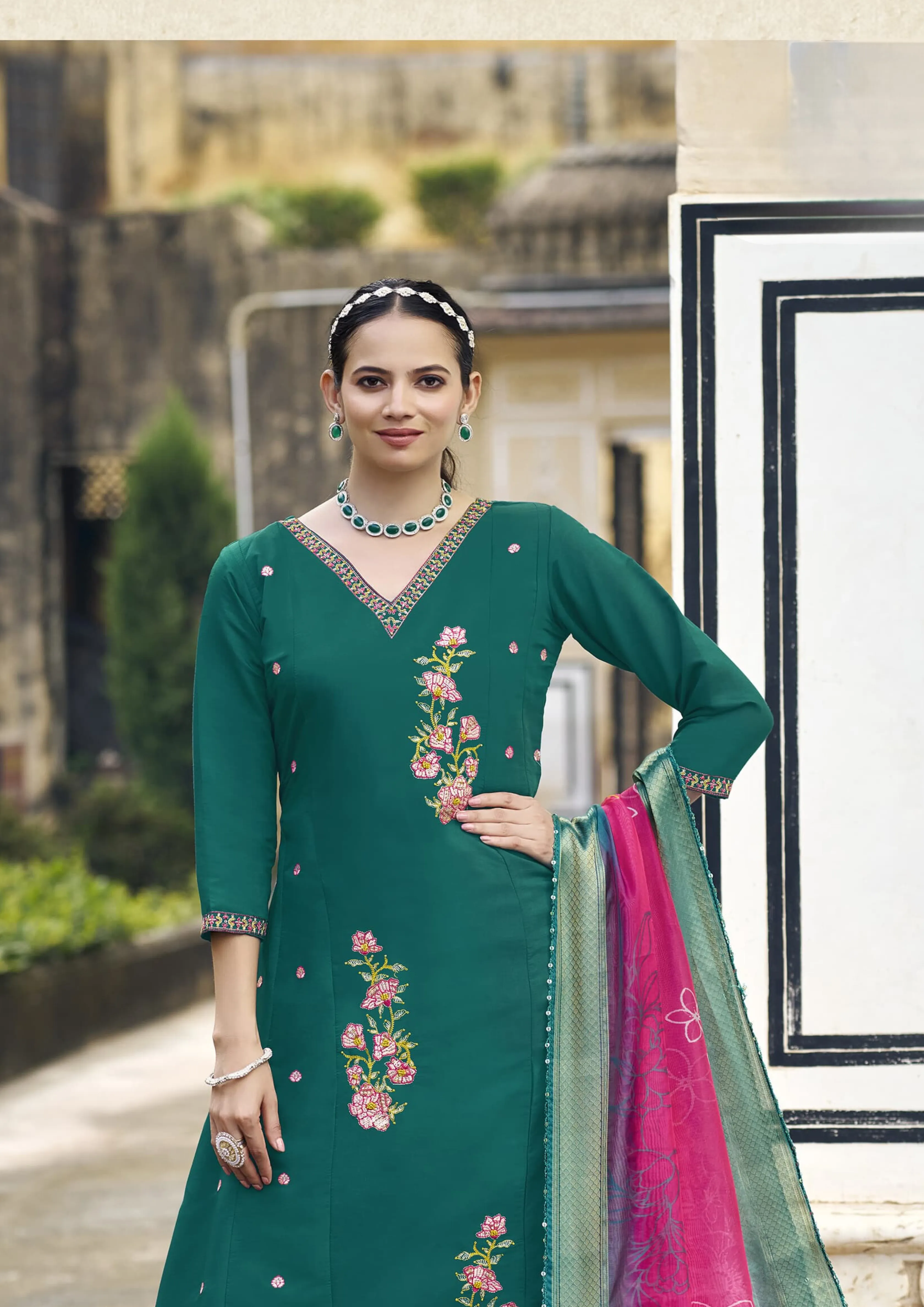 Alluring Green Color Viscose Roman Silk With Sequence Thread Work Kurti Suit For Women