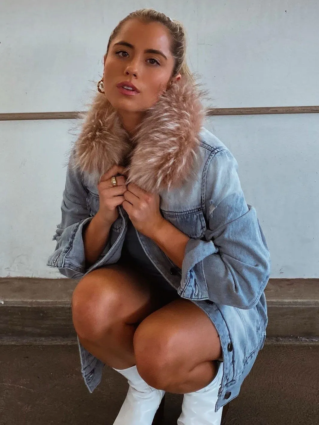 Ava and Kris Jane Jean Jacket with Faux Fur Collar- Blue with Dusty Nude Collar