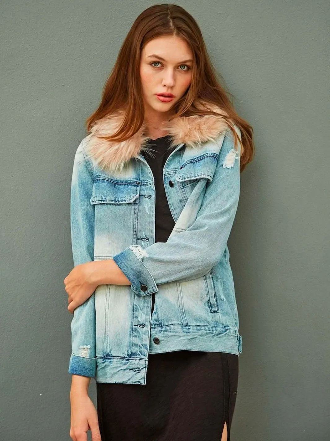 Ava and Kris Jane Jean Jacket with Faux Fur Collar- Blue with Dusty Nude Collar