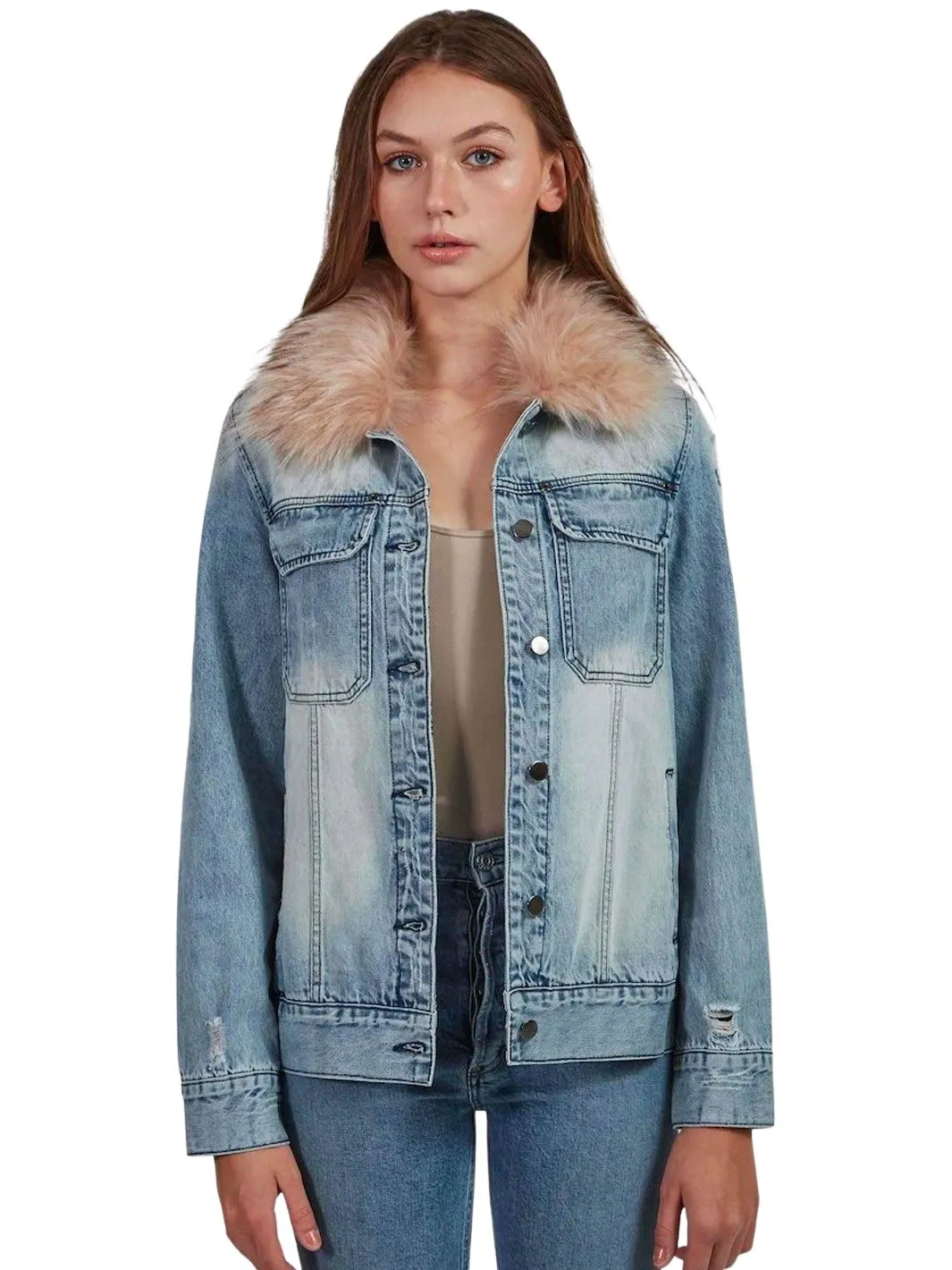 Ava and Kris Jane Jean Jacket with Faux Fur Collar- Blue with Dusty Nude Collar