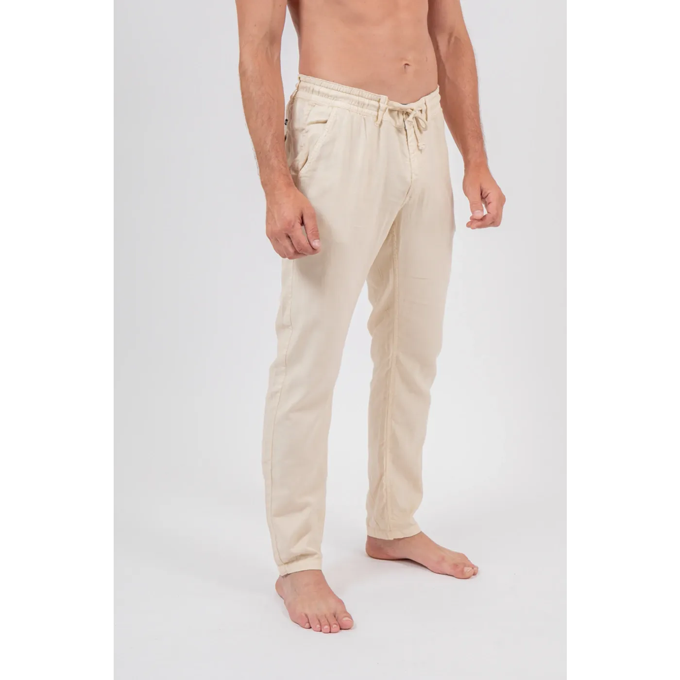 Beige Linen Men Drawstring Pants