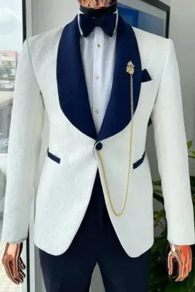 Benson Elegant Ivory Jacquard Wedding Suit With Navy Blue Shawl Collar