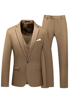 Benson Fashionable Khaki Notched Lapel Three-Piece Prom Suit For Men