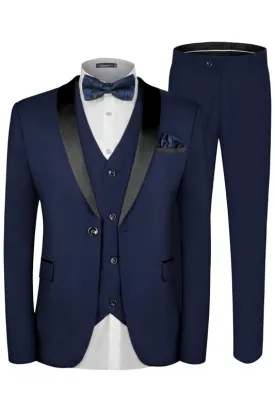 Bishop Luxurious Navy Blue Three-Piece Shawl Collar Groom's Suit