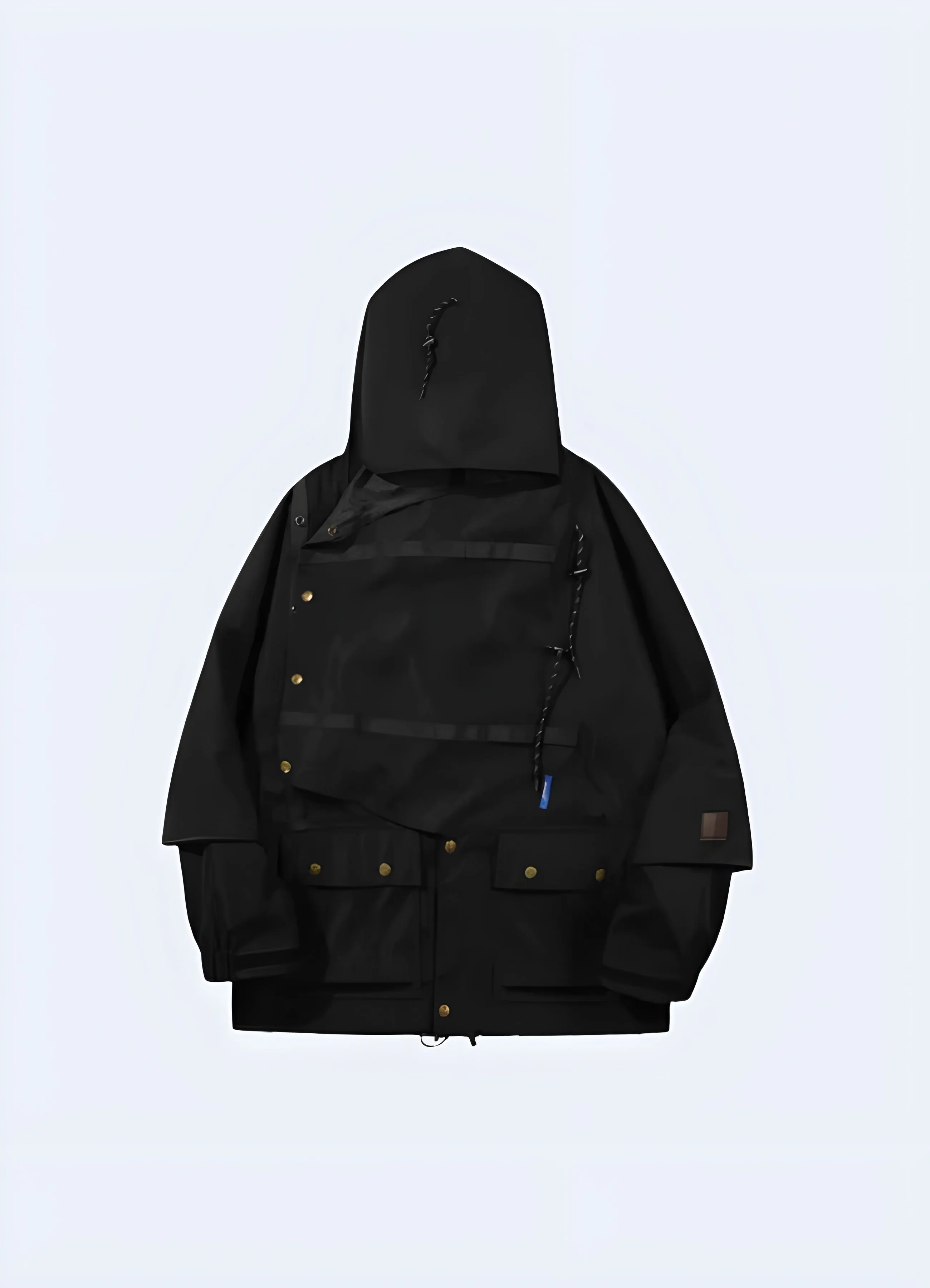 Black Techwear Jacket with Long Folded Hood