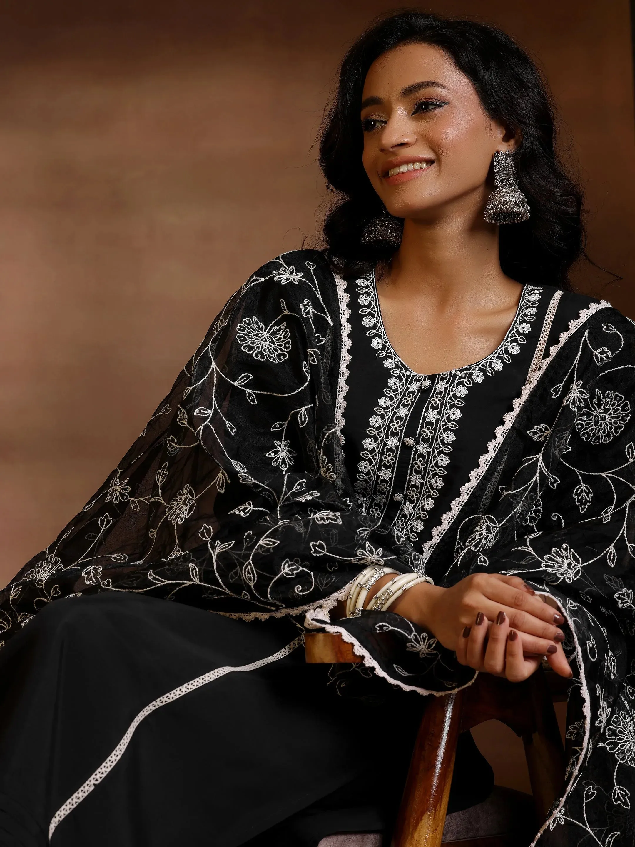 Black Yoke Design Silk Blend Straight Suit With Dupatta