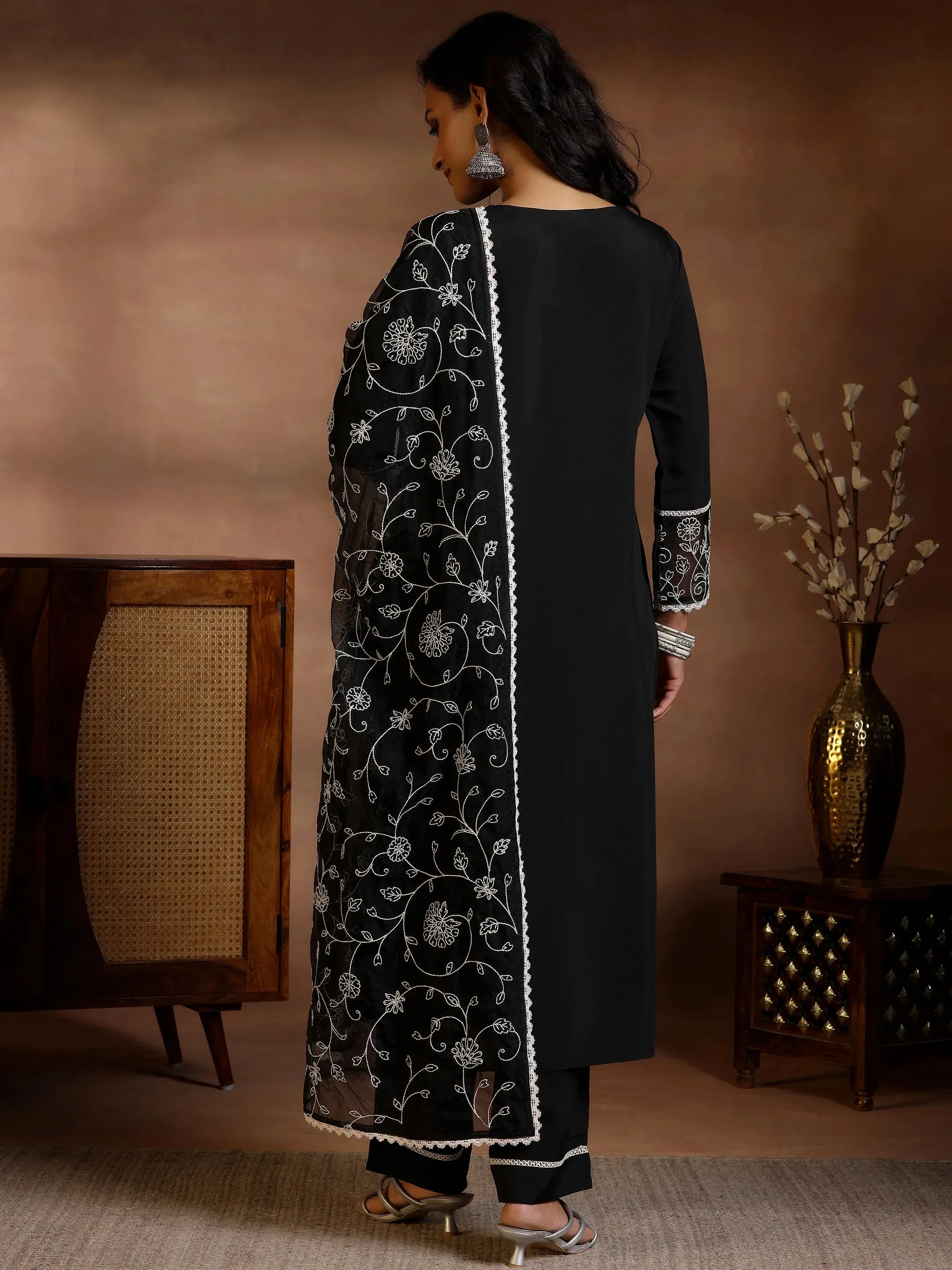 Black Yoke Design Silk Blend Straight Suit With Dupatta