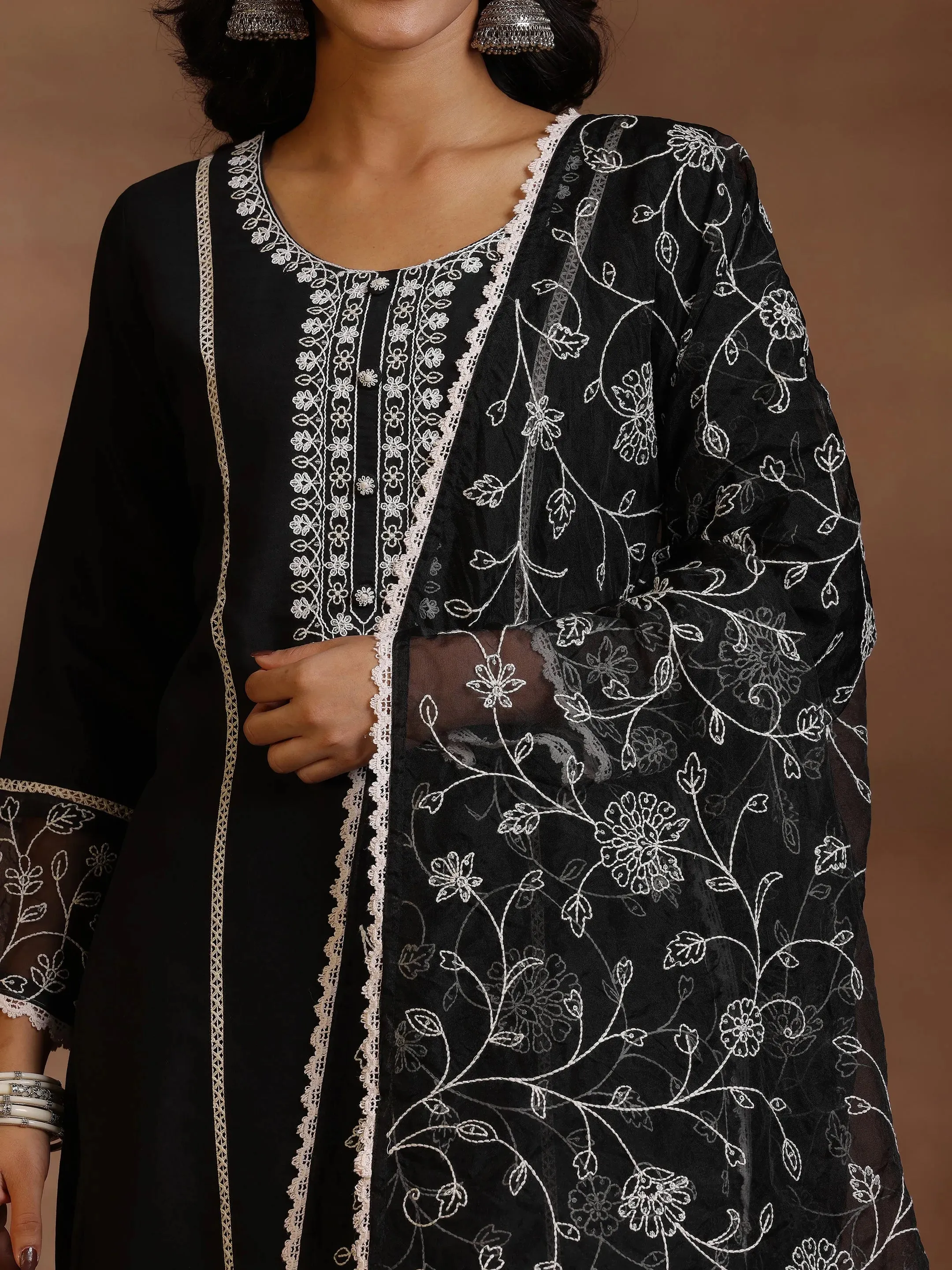 Black Yoke Design Silk Blend Straight Suit With Dupatta