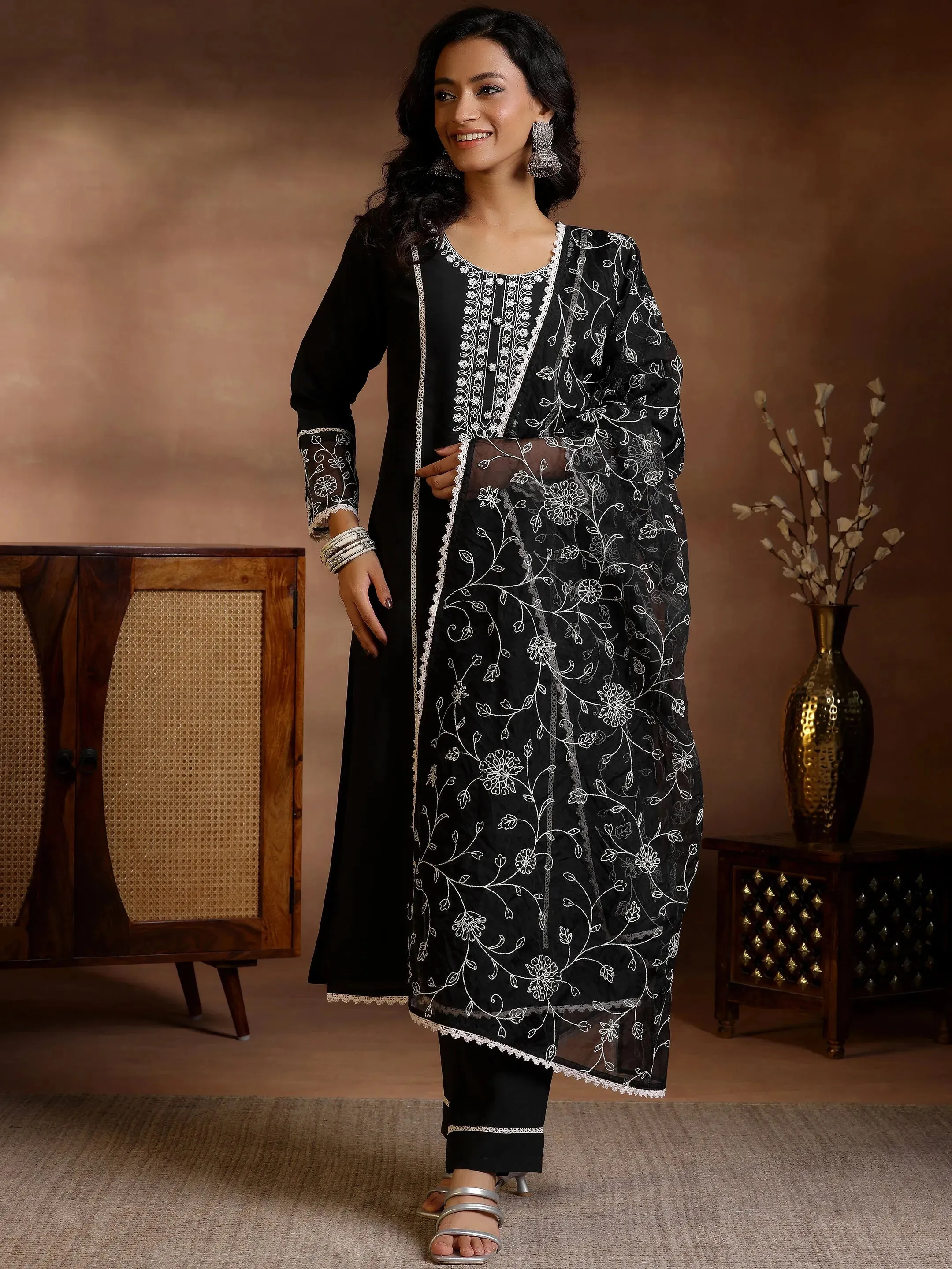 Black Yoke Design Silk Blend Straight Suit With Dupatta