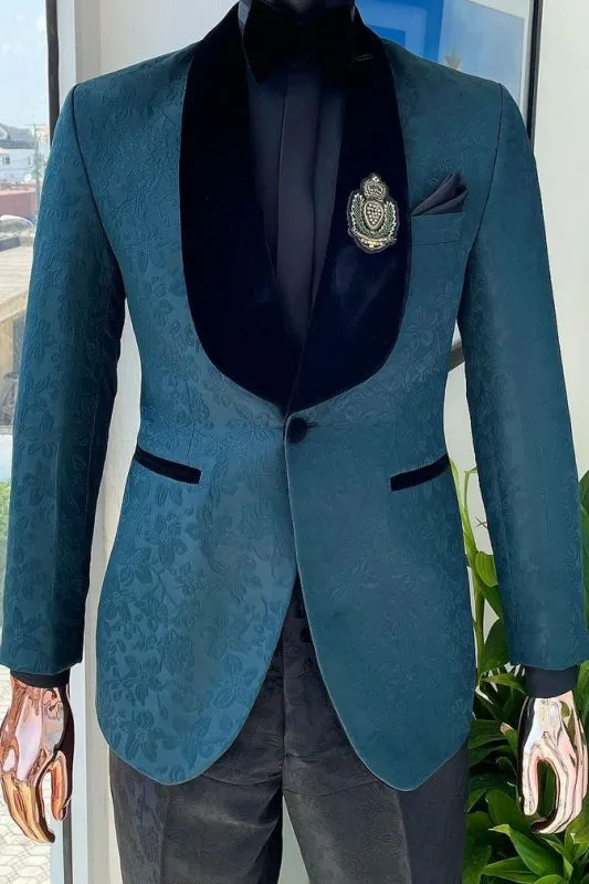 Brayden Most Recent Ocean Blue Shawl Collar Jacquard Wedding Suit