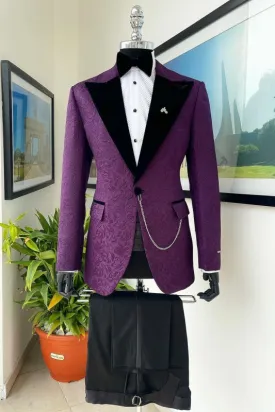 Brian Purple Peaked Lapel Jacquard Latest Prom Suit