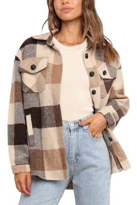 Brown Womens Casual Plaid Shacket Wool Blend Button Down Long Sleeve Shirt Fall Jacket Shackets - AUTOMET