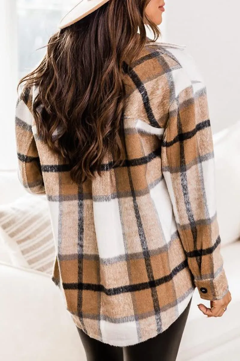 Brown Womens Casual Plaid Shacket Wool Blend Button Down Long Sleeve Shirt Fall Jacket Shackets - AUTOMET