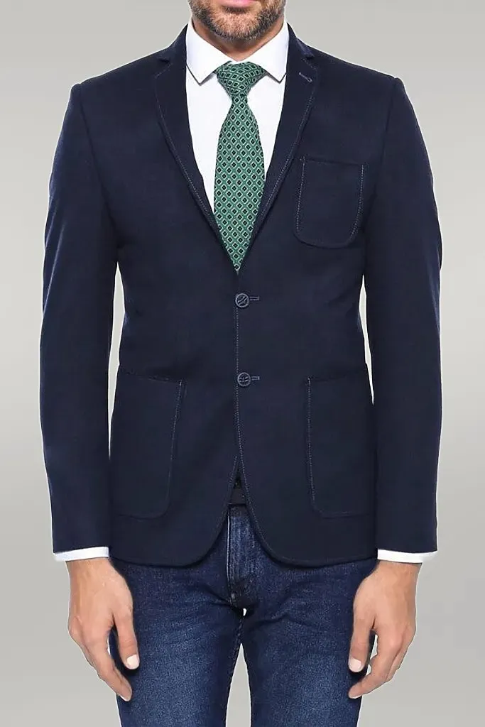 Cachet Plaid Patterned Navy Blue Blazer - Wessi