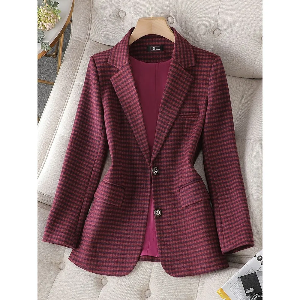 CAROLINE SUITS Women's Elegant Stylish Fashion Office Professional Woven Burgundy Red Plaid Blazer Jacket