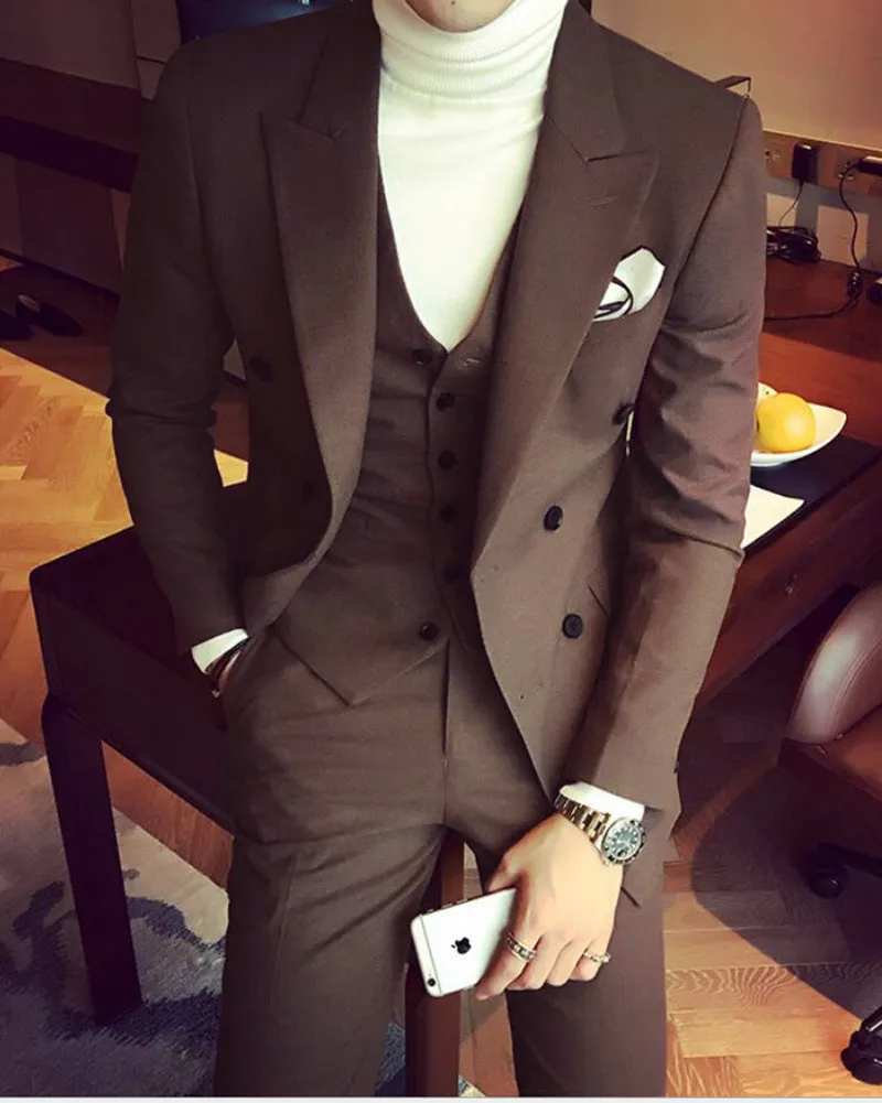 CB1231 Dark Camel Peak Lapel Formal Dress Suit Tuxedos For Men Prom Wear 3 Pieces 2022