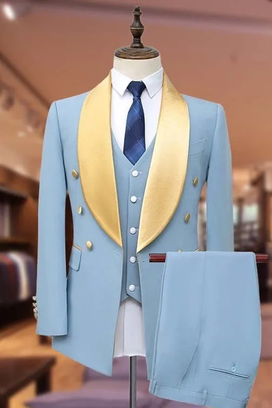 Charles Three-Piece Light Blue Bespoke Wedding Attire With Satin Lapel