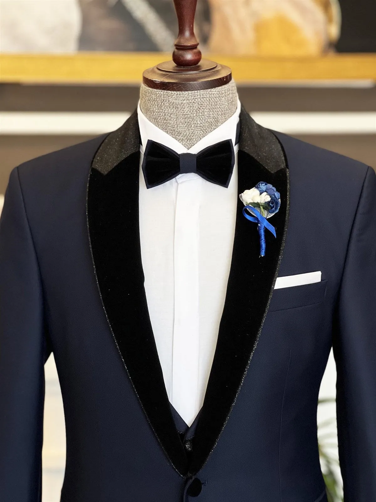 Clement Latest Dark Blue Spliced Shawl Lapel Three-Piece Men’s Suit