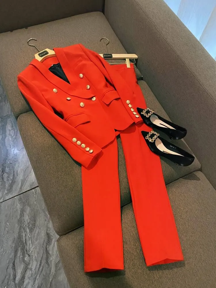 Designer Beige Black Red Blazer Suit Set Women's Classic Shawl Collar Lion Buttons Double Breasted Blazer Pants Suits