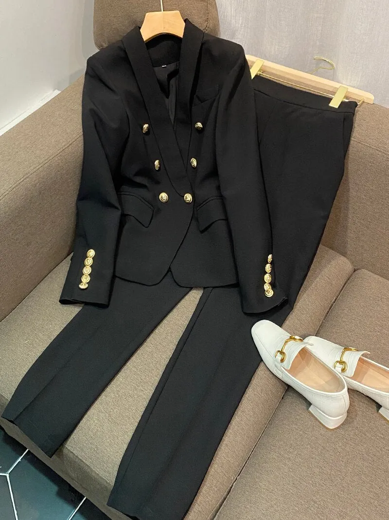 Designer Beige Black Red Blazer Suit Set Women's Classic Shawl Collar Lion Buttons Double Breasted Blazer Pants Suits