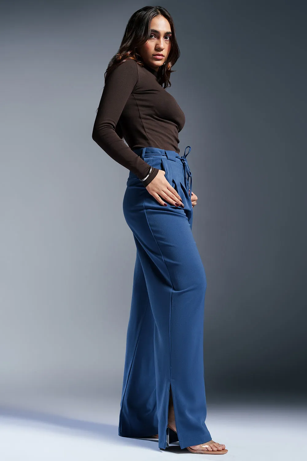 Dynamic Blue Pleated Waist Tie Korean Pants