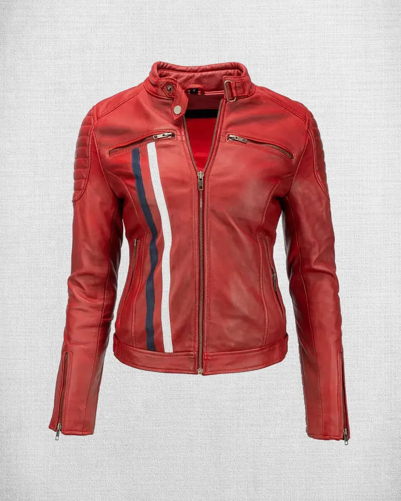 Fashionable Black Leather Biker Jacket with White and Red Stripes