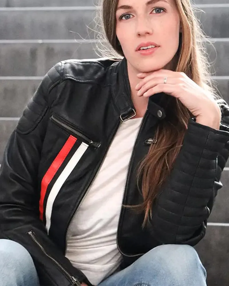 Fashionable Black Leather Biker Jacket with White and Red Stripes