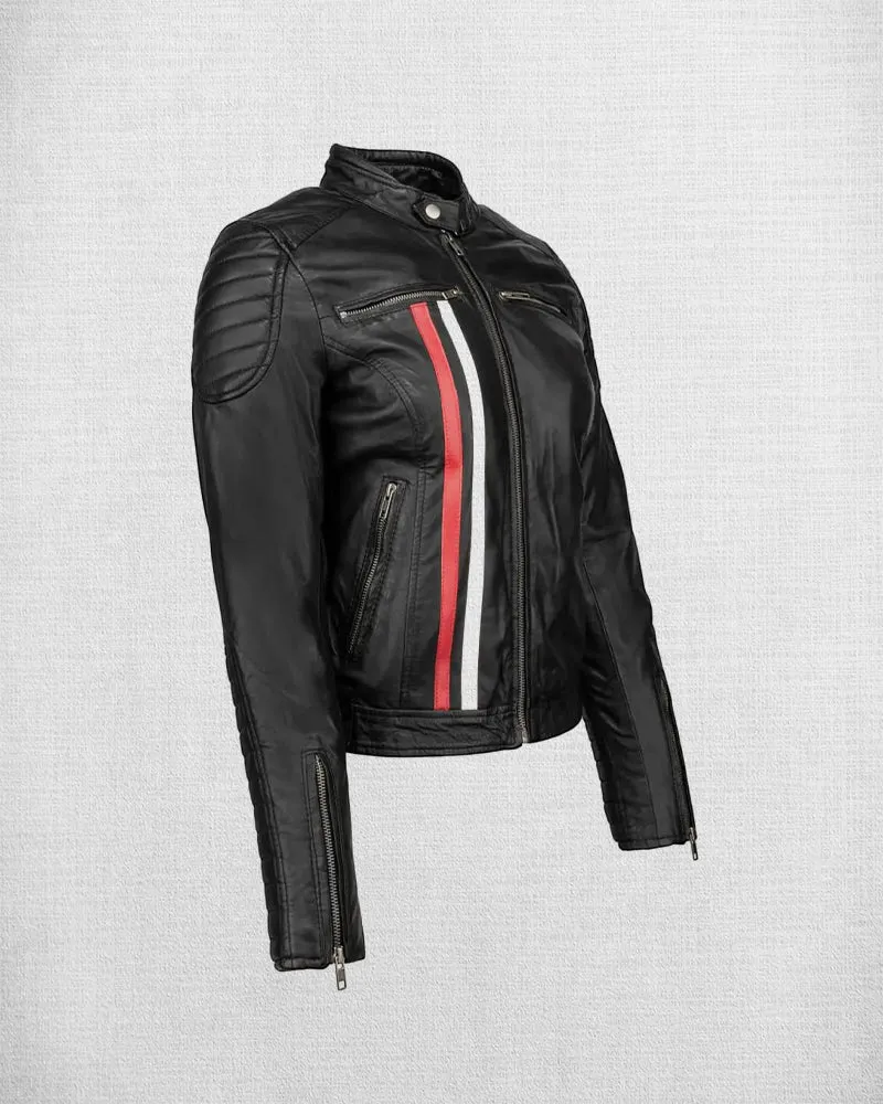 Fashionable Black Leather Biker Jacket with White and Red Stripes