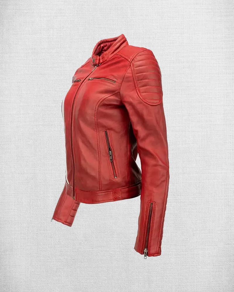 Fashionable Black Leather Biker Jacket with White and Red Stripes