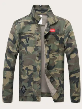 Funnel Neck Single Breasted Camo Print Denim Jacket