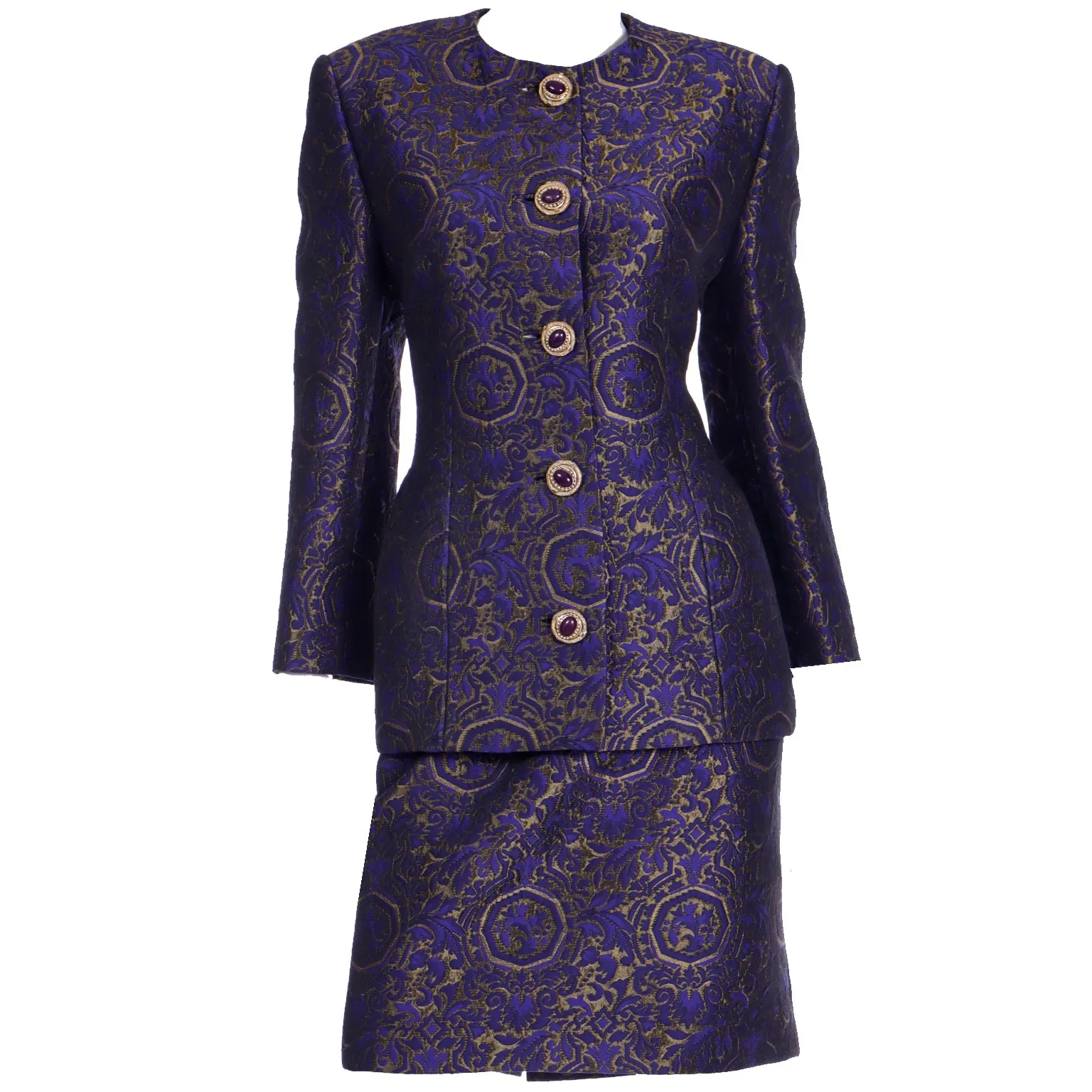 Genny Italy Vintage Purple Jacquard Jacket & Skirt Suit