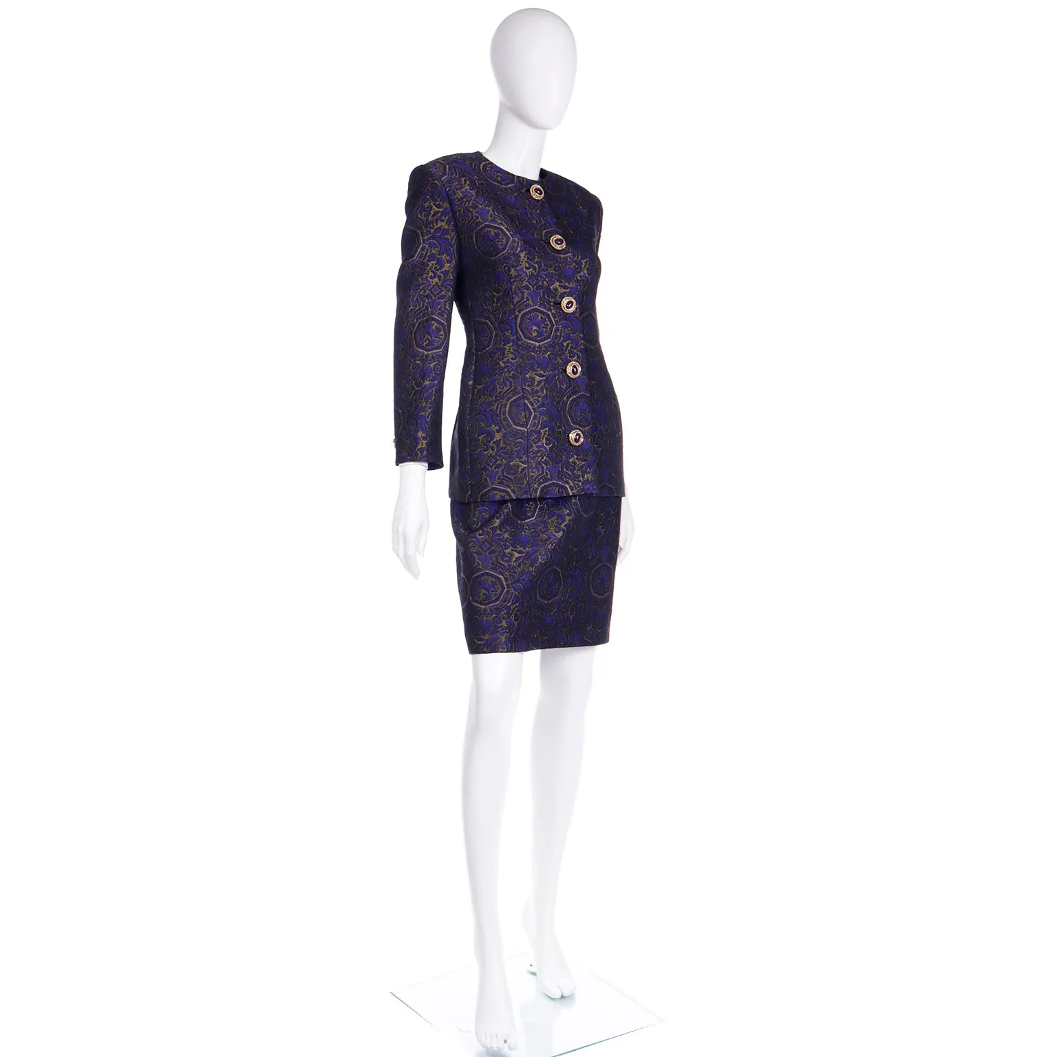 Genny Italy Vintage Purple Jacquard Jacket & Skirt Suit