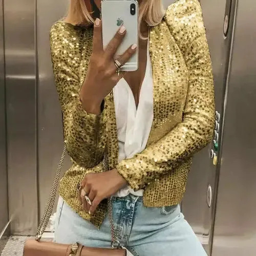 Glamorous Sequin-Embellished Jacket with Trendy Stand Collar for Women