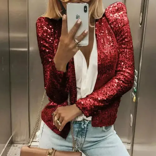 Glamorous Sequin-Embellished Jacket with Trendy Stand Collar for Women