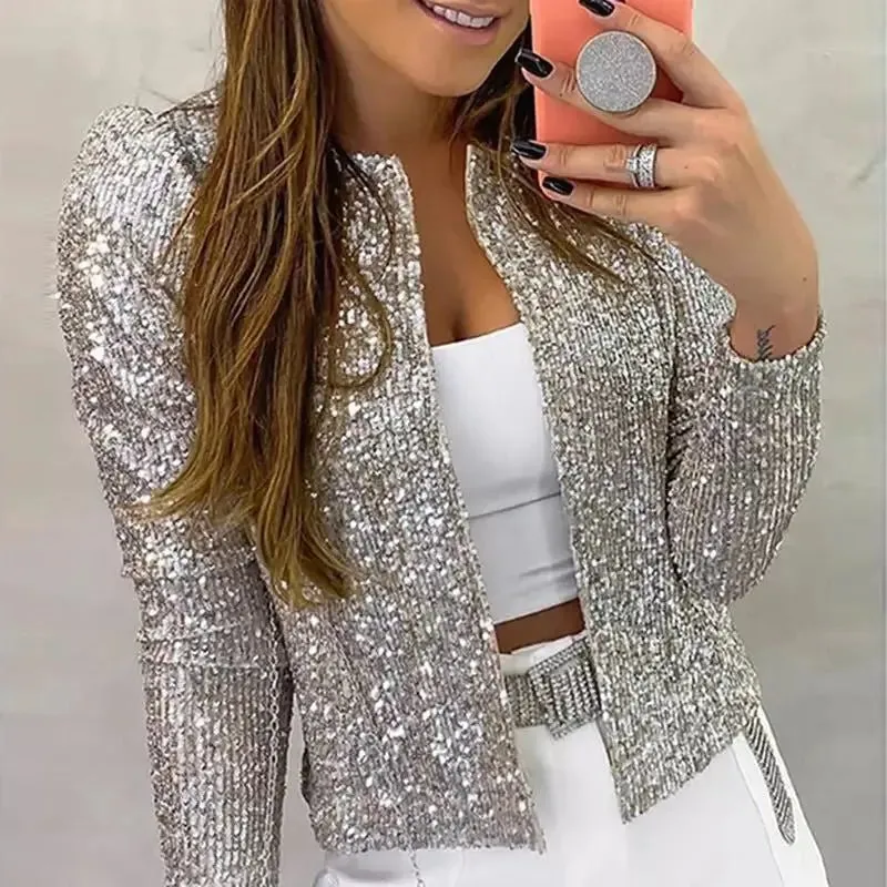 Glamorous Sequin-Embellished Jacket with Trendy Stand Collar for Women