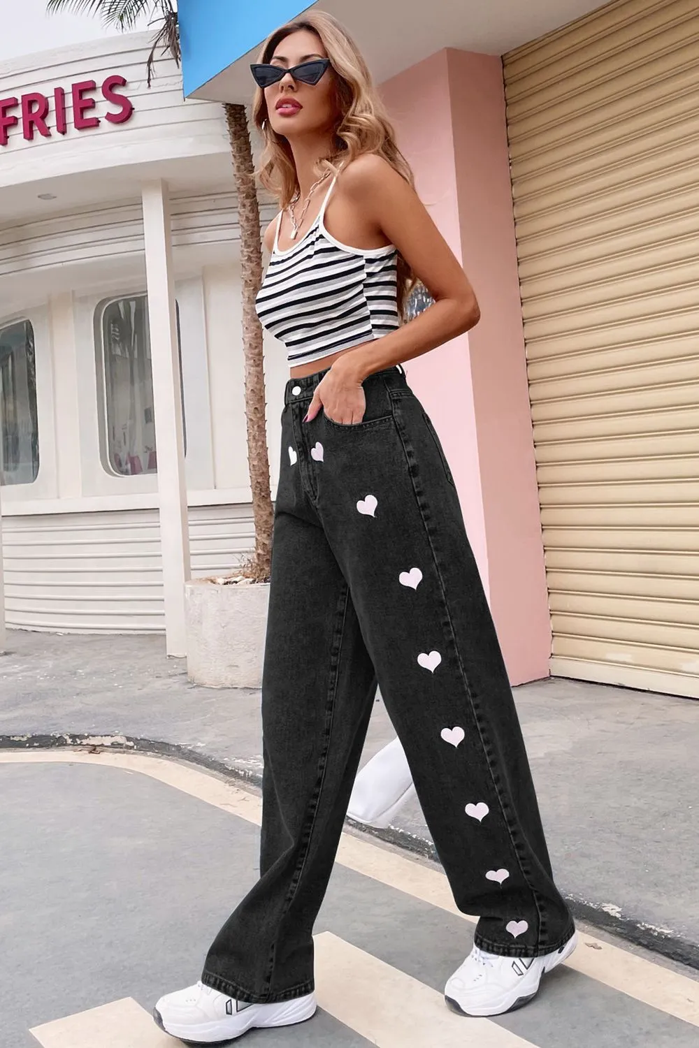 Heart Print Buttoned Jeans