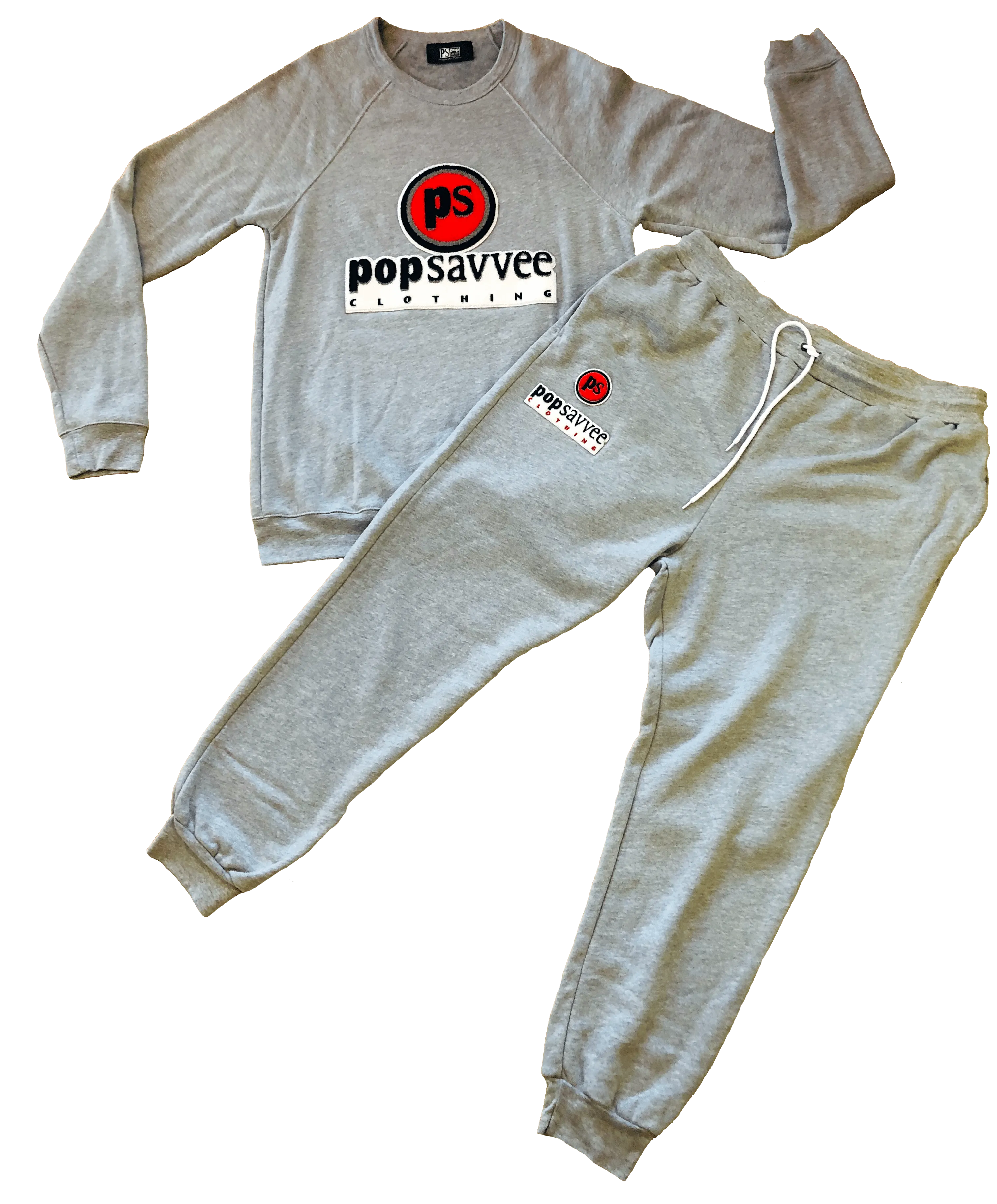 Heather Grey Sweat Suit - Chenille Embroidered “Pop Savvee Clothing” Logo