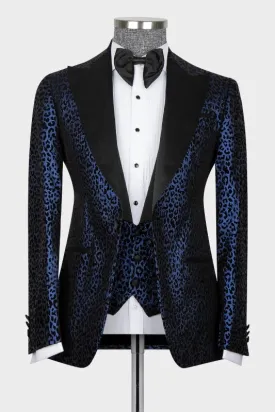 Herbert Fashion Navy Blue Jacquard Peaked Lapel Three-Piece Prom Suit