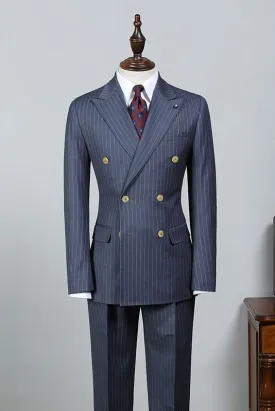 Jack New Navy Blue Striped Peak Lapel Tailored Business Suit