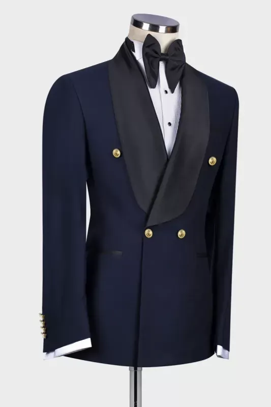 Leo New Dark Navy Shawl Lapel Double Breasted Wedding Suit