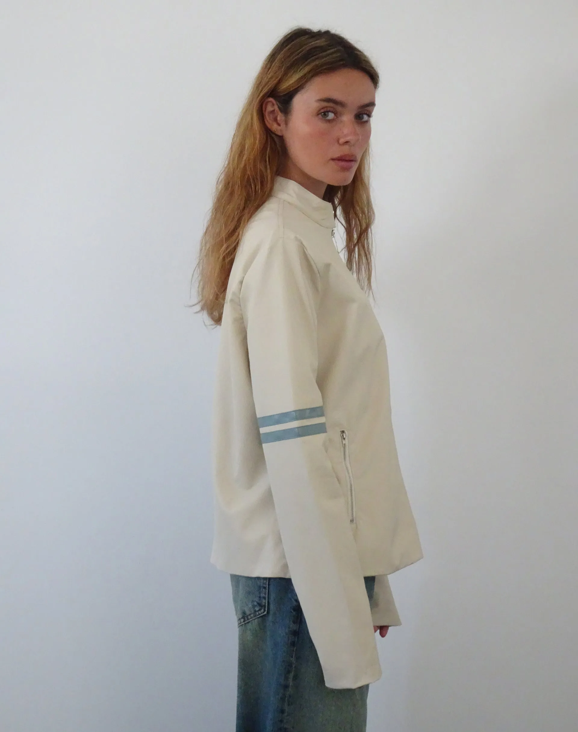 Lewis Jacket in Cream PU with Blue Stripe