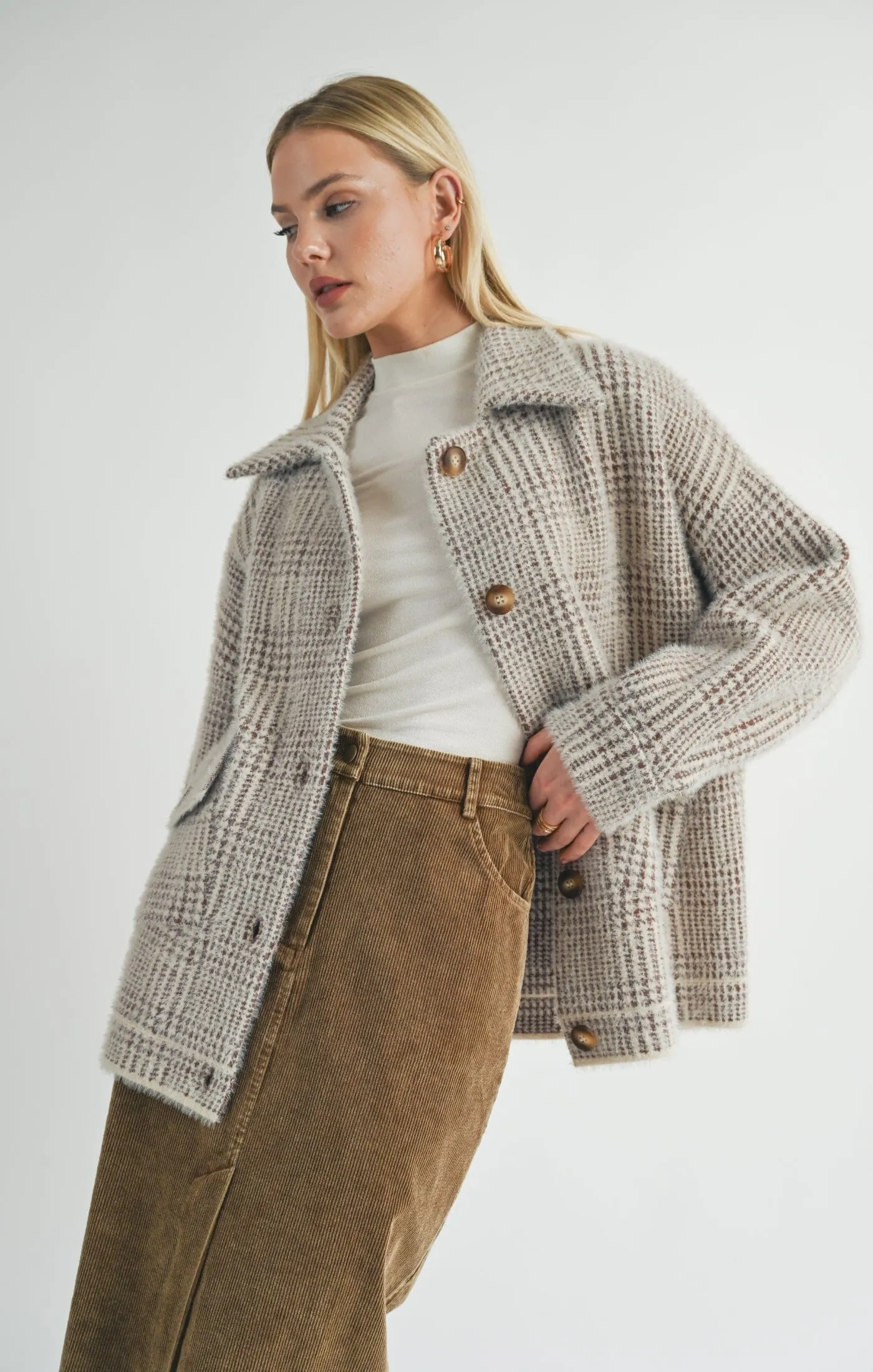 LOLA PLAID SWEATER JACKET (BROWN)