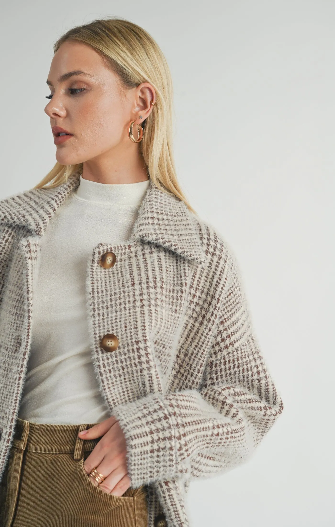 LOLA PLAID SWEATER JACKET (BROWN)