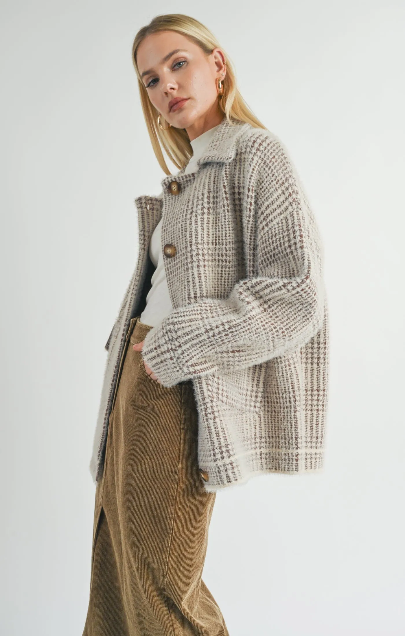 LOLA PLAID SWEATER JACKET (BROWN)