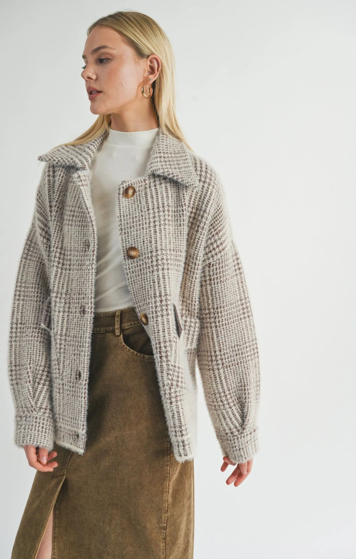 LOLA PLAID SWEATER JACKET (BROWN)