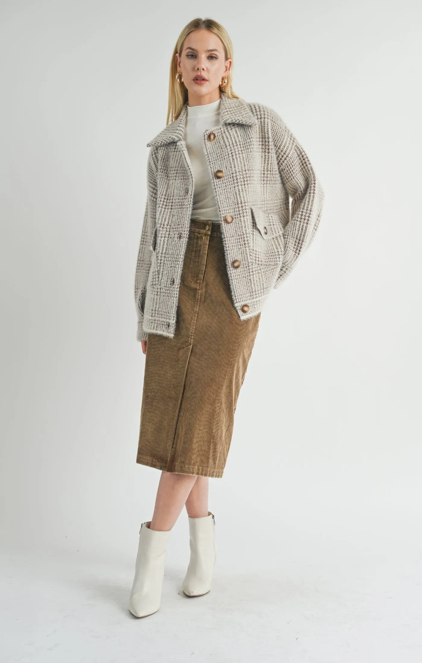 LOLA PLAID SWEATER JACKET (BROWN)